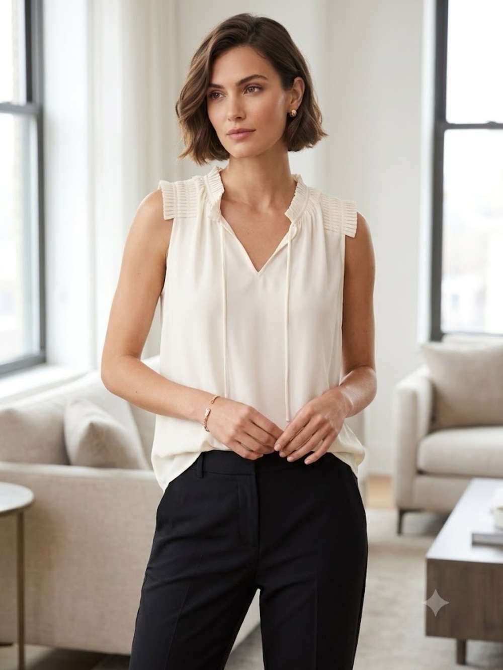 NWT Simply Vera Wang Sleeveless Cream V-Neck Pleated Shoulder Blouse